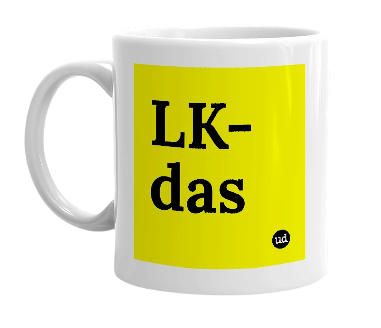 White mug with 'LK-das' in bold black letters