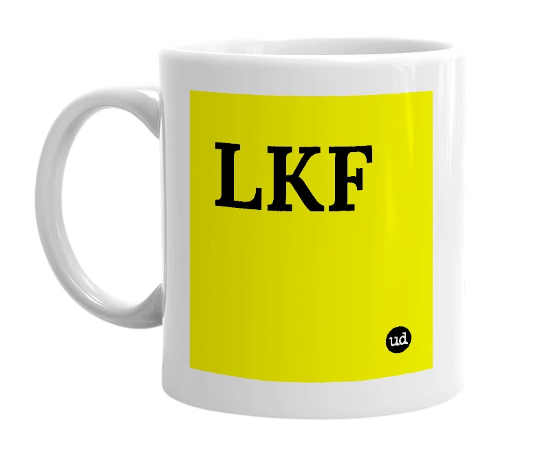 White mug with 'LKF' in bold black letters