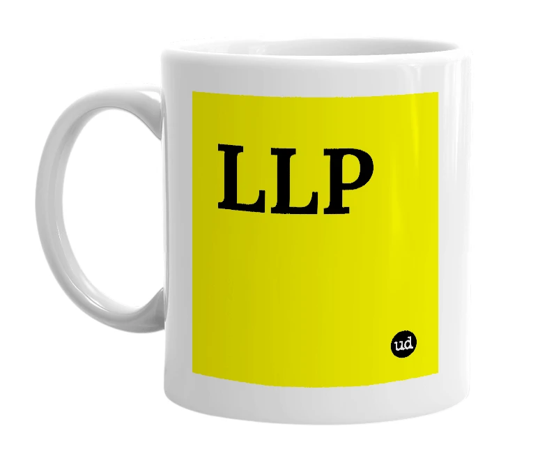 White mug with 'LLP' in bold black letters