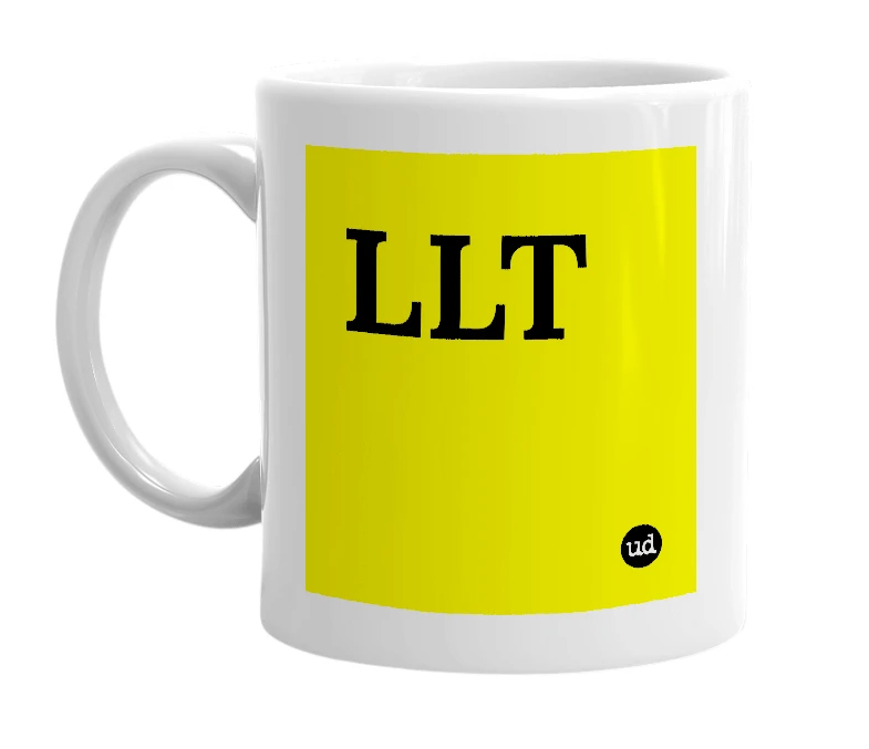 White mug with 'LLT' in bold black letters