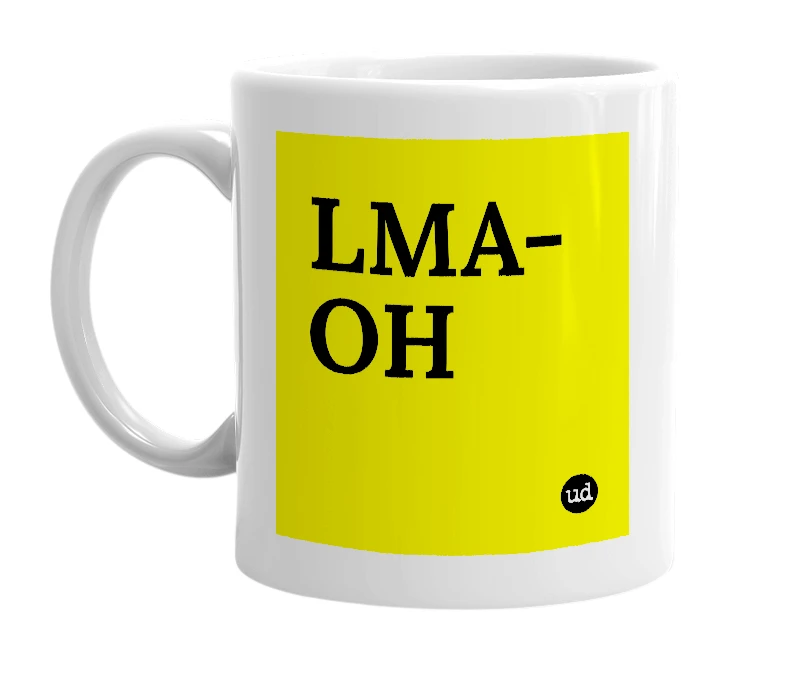 White mug with 'LMA-OH' in bold black letters
