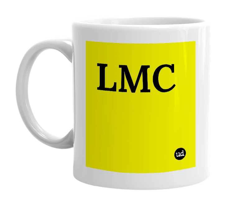 White mug with 'LMC' in bold black letters