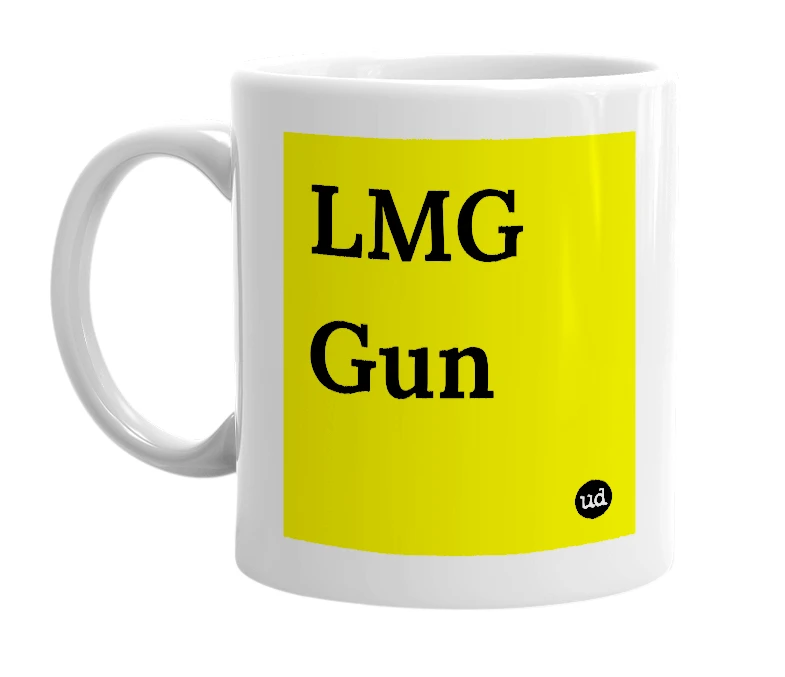 White mug with 'LMG Gun' in bold black letters