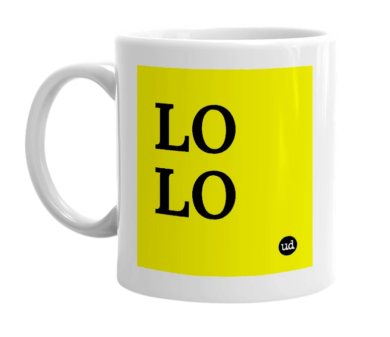 White mug with 'LO LO' in bold black letters