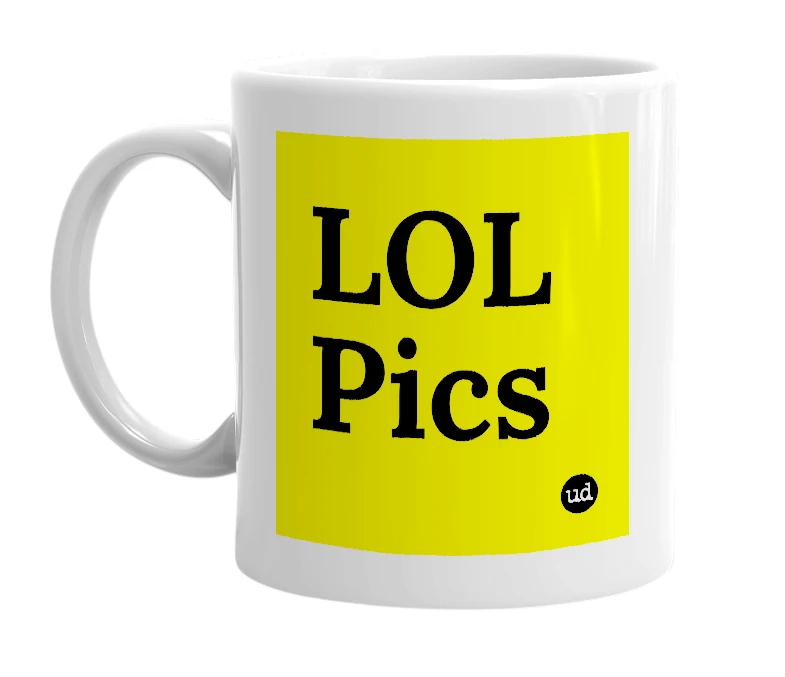 White mug with 'LOL Pics' in bold black letters