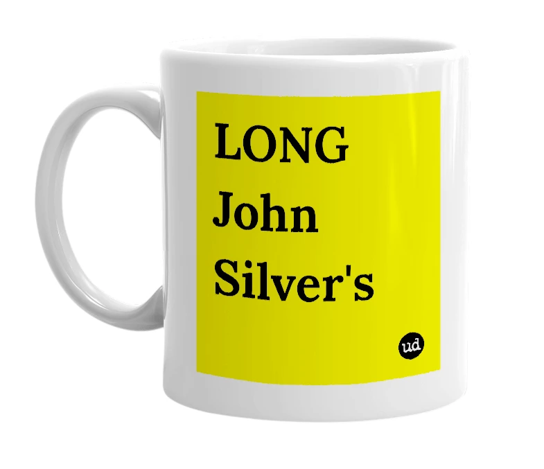 White mug with 'LONG John Silver's' in bold black letters