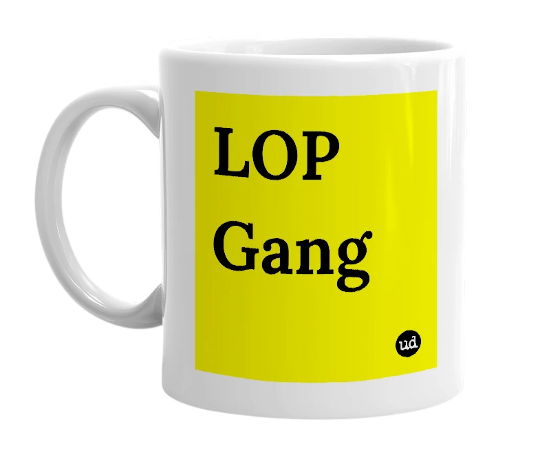 White mug with 'LOP Gang' in bold black letters