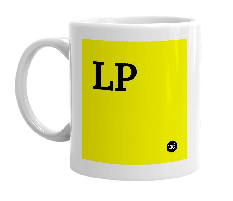 White mug with 'LP' in bold black letters