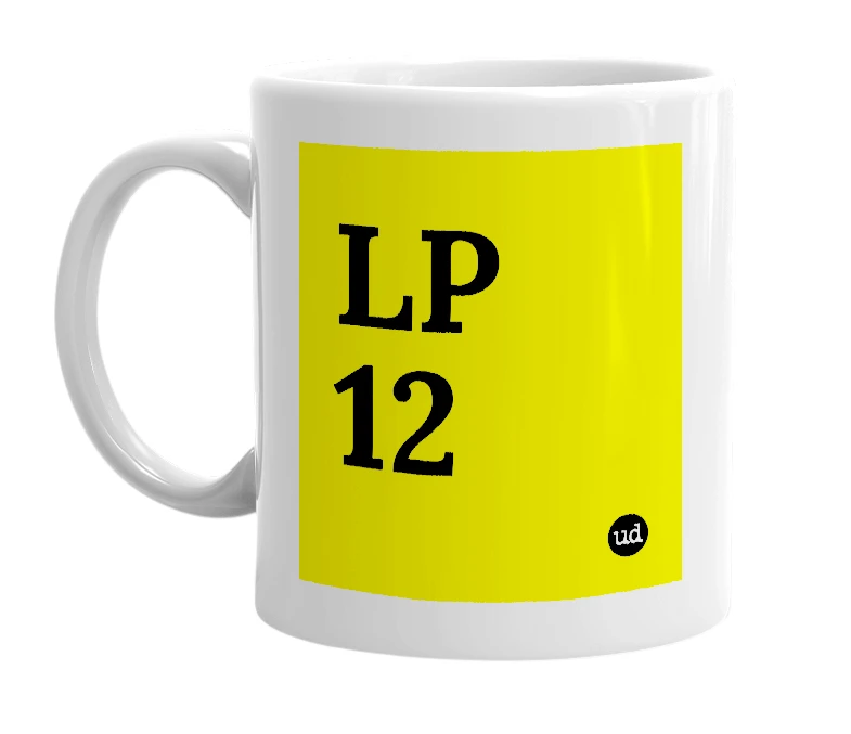 White mug with 'LP 12' in bold black letters
