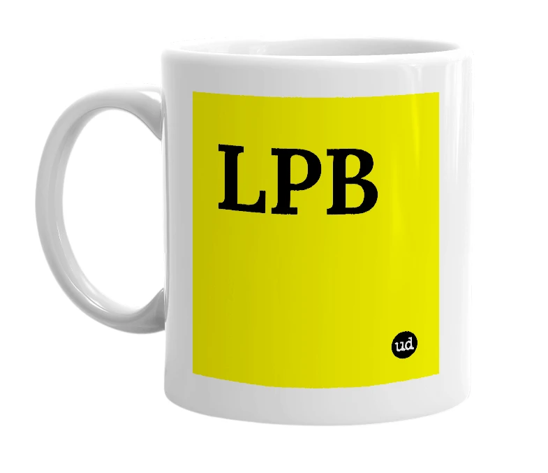 White mug with 'LPB' in bold black letters
