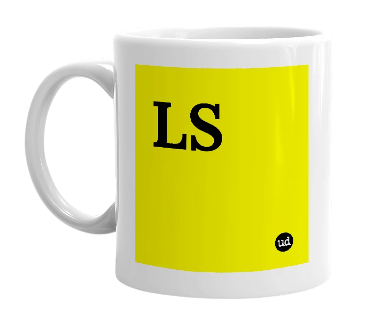 White mug with 'LS' in bold black letters