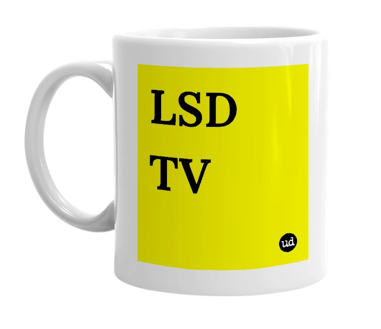 White mug with 'LSD TV' in bold black letters