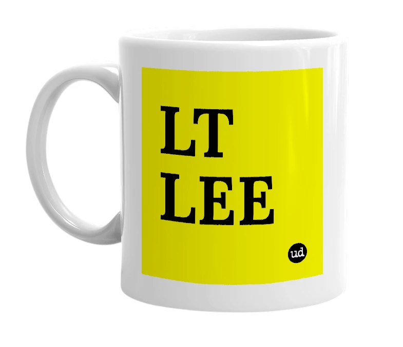 White mug with 'LT LEE' in bold black letters