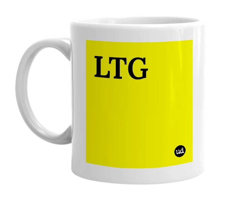 White mug with 'LTG' in bold black letters