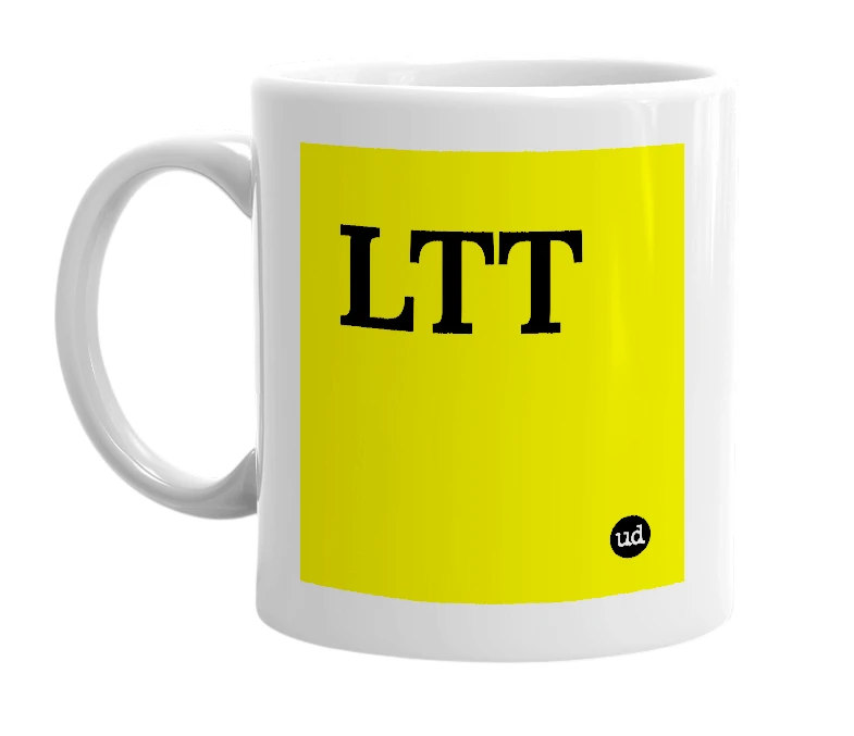 White mug with 'LTT' in bold black letters