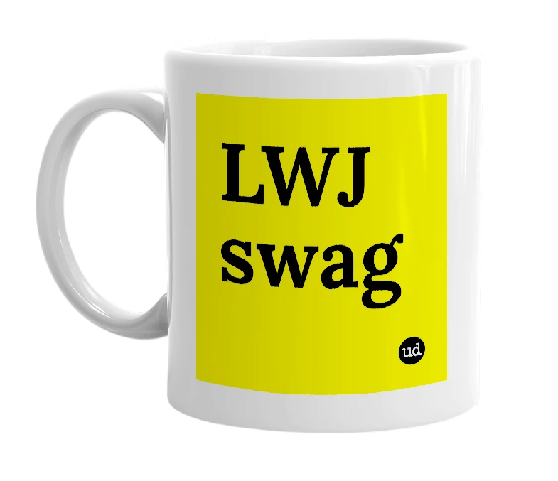 White mug with 'LWJ swag' in bold black letters