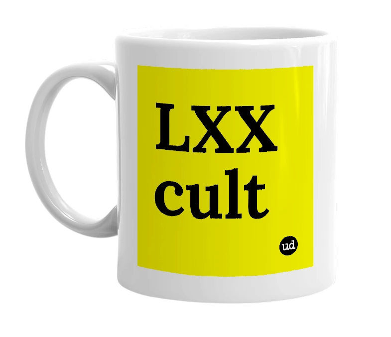 White mug with 'LXX cult' in bold black letters