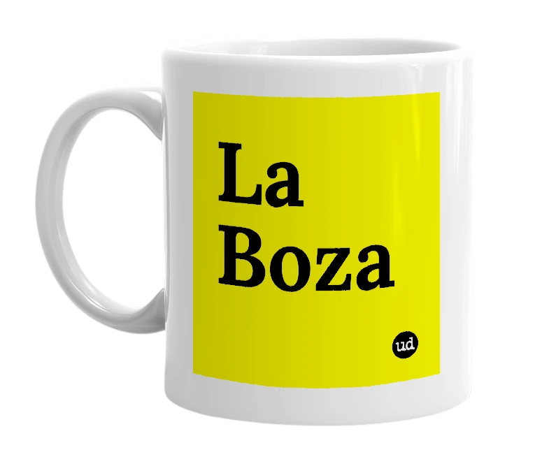 White mug with 'La Boza' in bold black letters