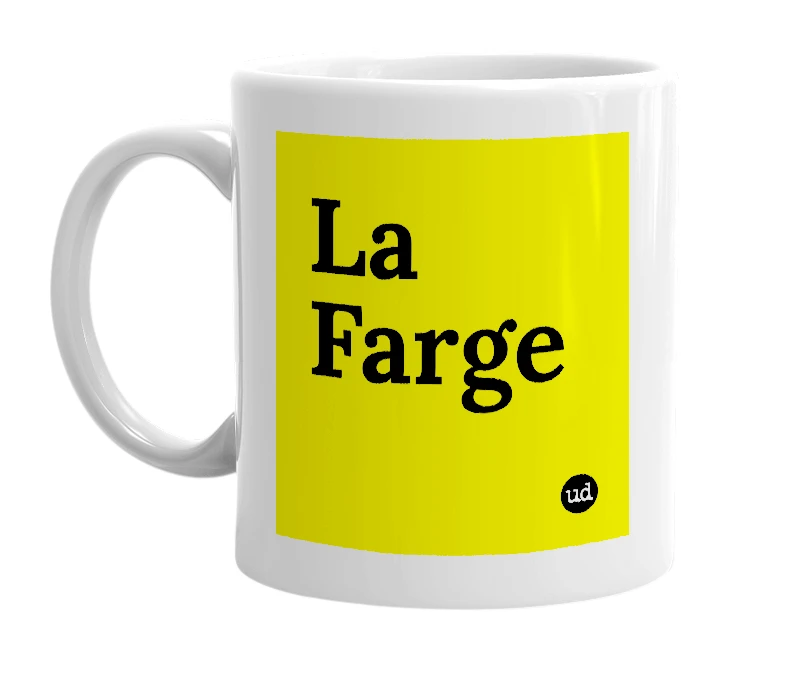 White mug with 'La Farge' in bold black letters