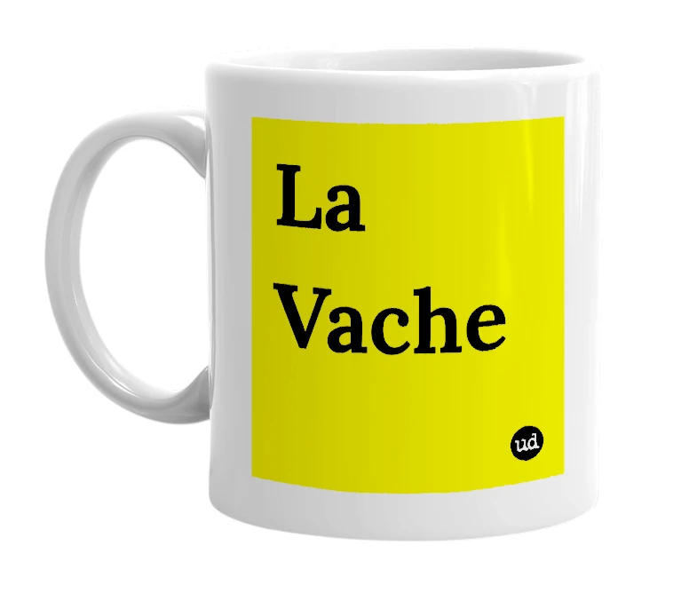 White mug with 'La Vache' in bold black letters