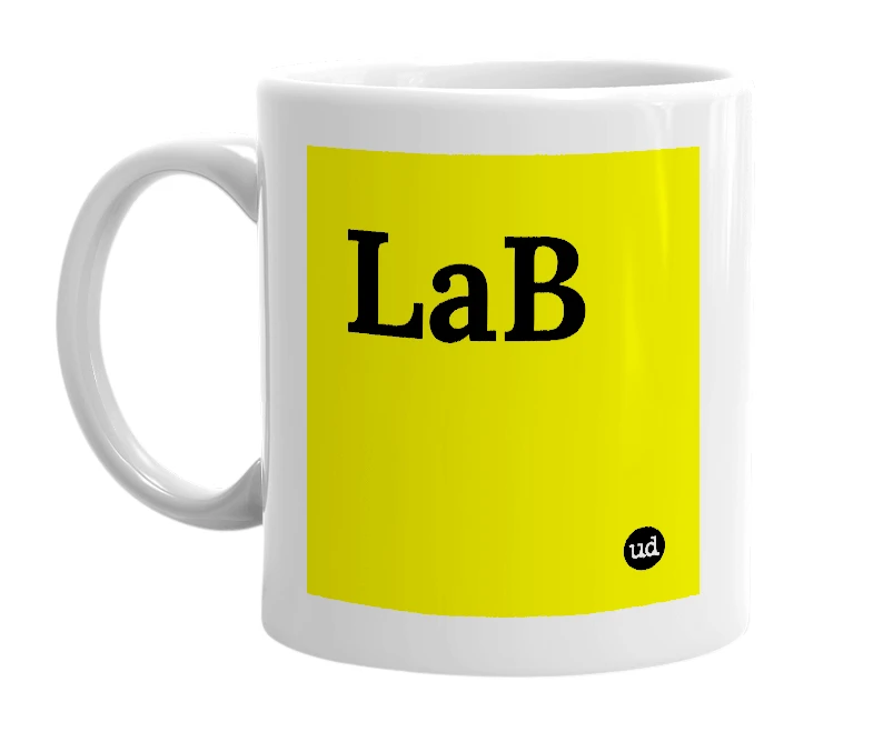 White mug with 'LaB' in bold black letters