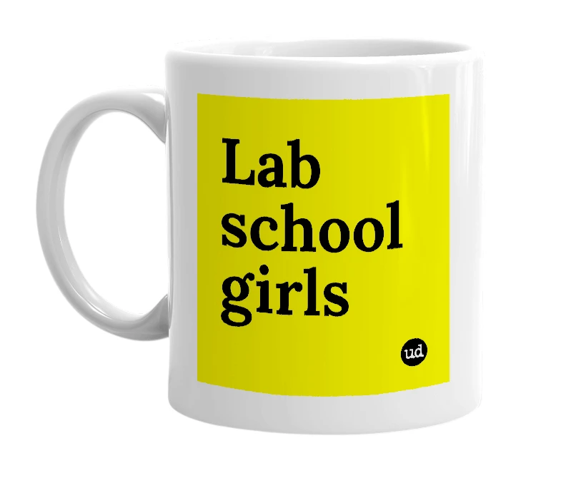 White mug with 'Lab school girls' in bold black letters