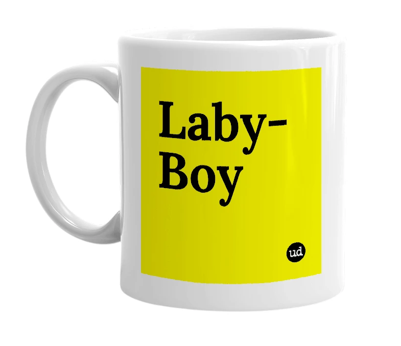 White mug with 'Laby-Boy' in bold black letters