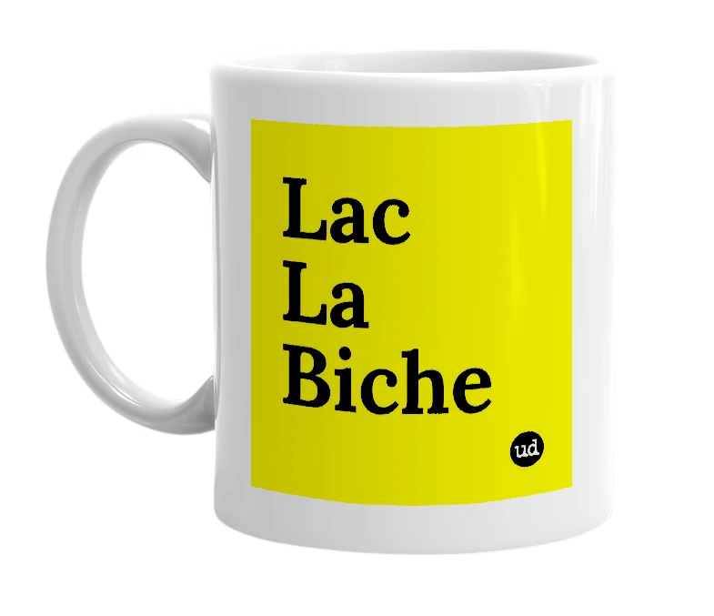 White mug with 'Lac La Biche' in bold black letters