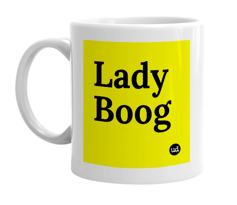 White mug with 'Lady Boog' in bold black letters