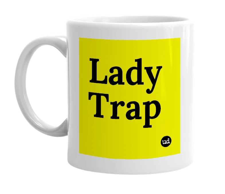 White mug with 'Lady Trap' in bold black letters
