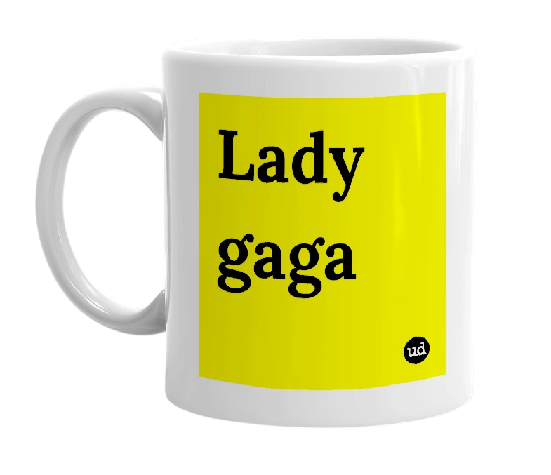 White mug with 'Lady gaga' in bold black letters