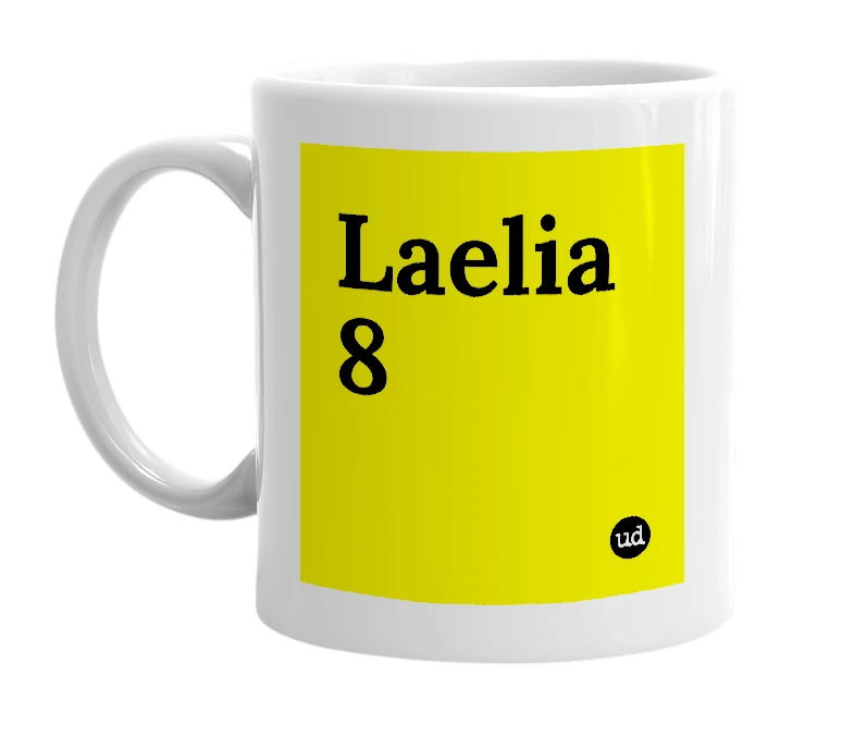 White mug with 'Laelia 8' in bold black letters