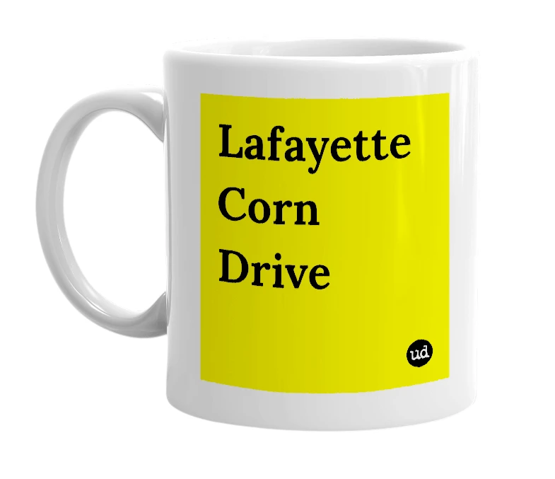 White mug with 'Lafayette Corn Drive' in bold black letters