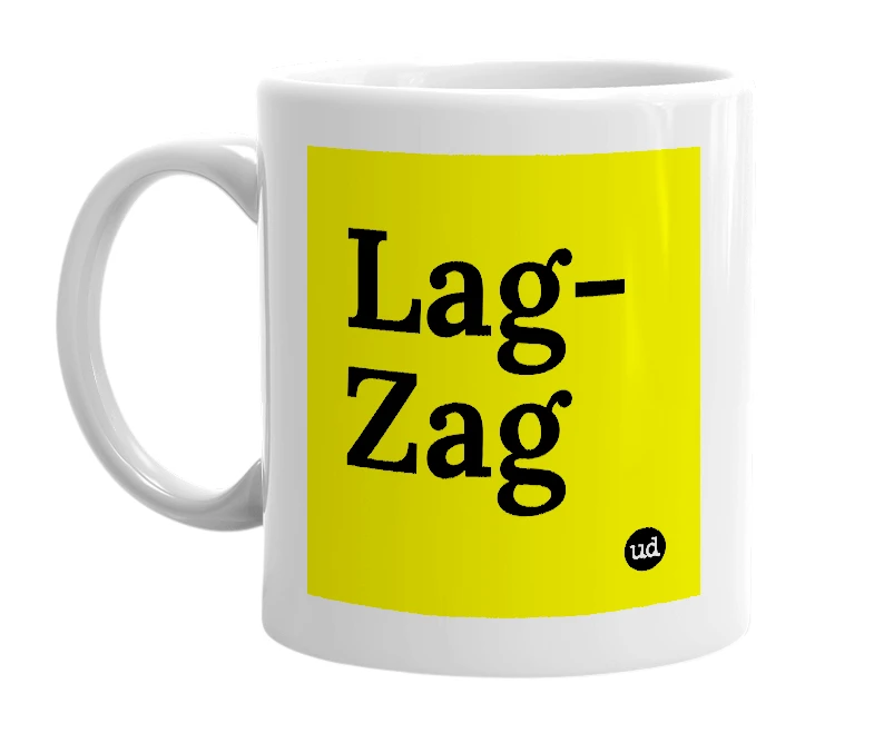 White mug with 'Lag-Zag' in bold black letters