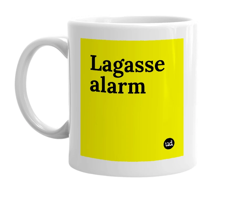 White mug with 'Lagasse alarm' in bold black letters