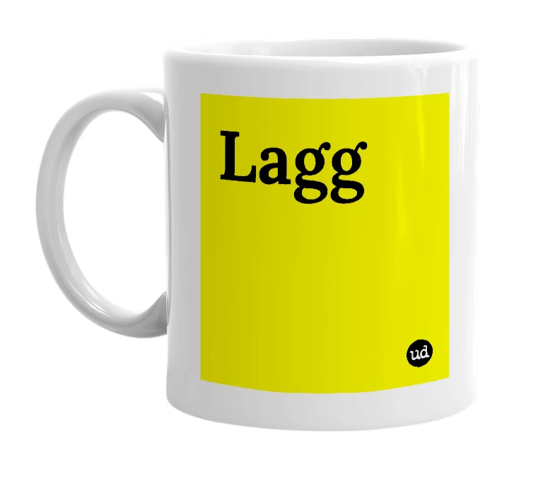 White mug with 'Lagg' in bold black letters