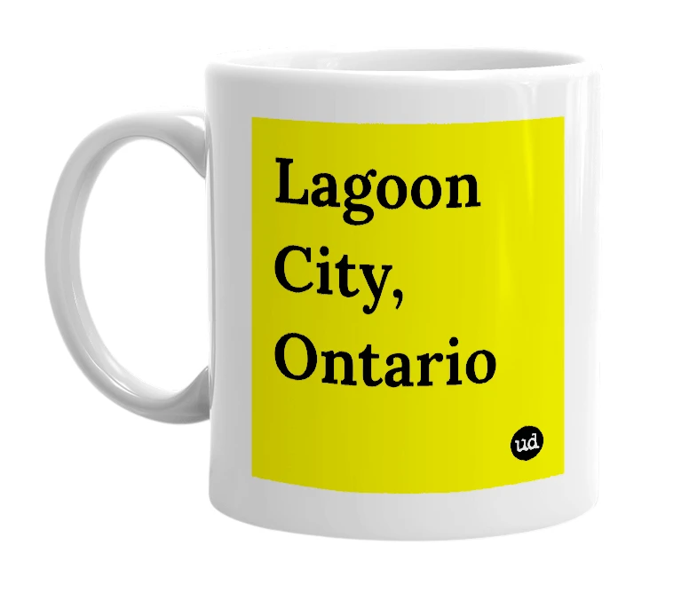 White mug with 'Lagoon City, Ontario' in bold black letters