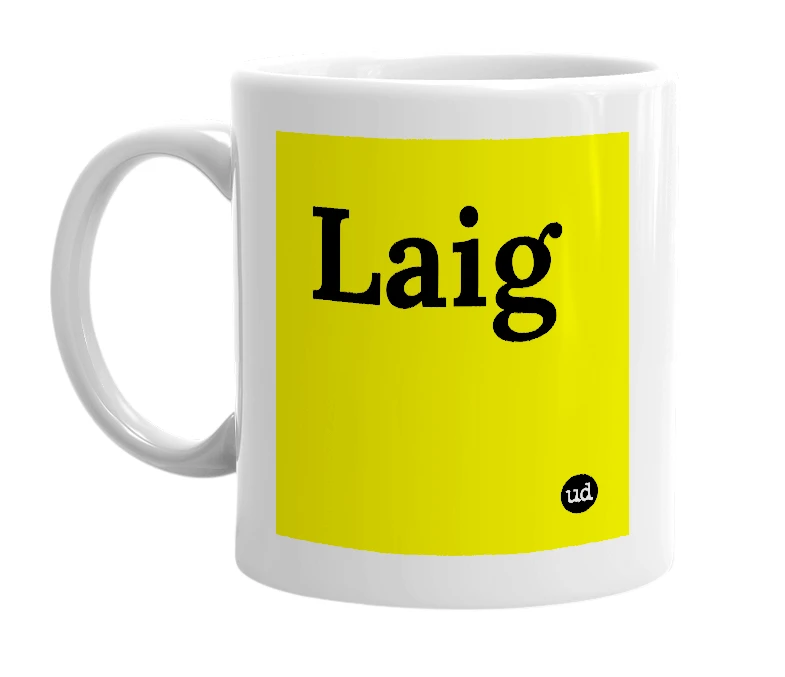 White mug with 'Laig' in bold black letters