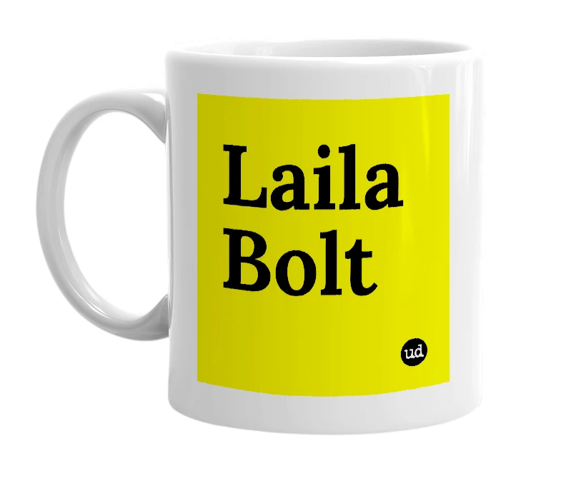 White mug with 'Laila Bolt' in bold black letters