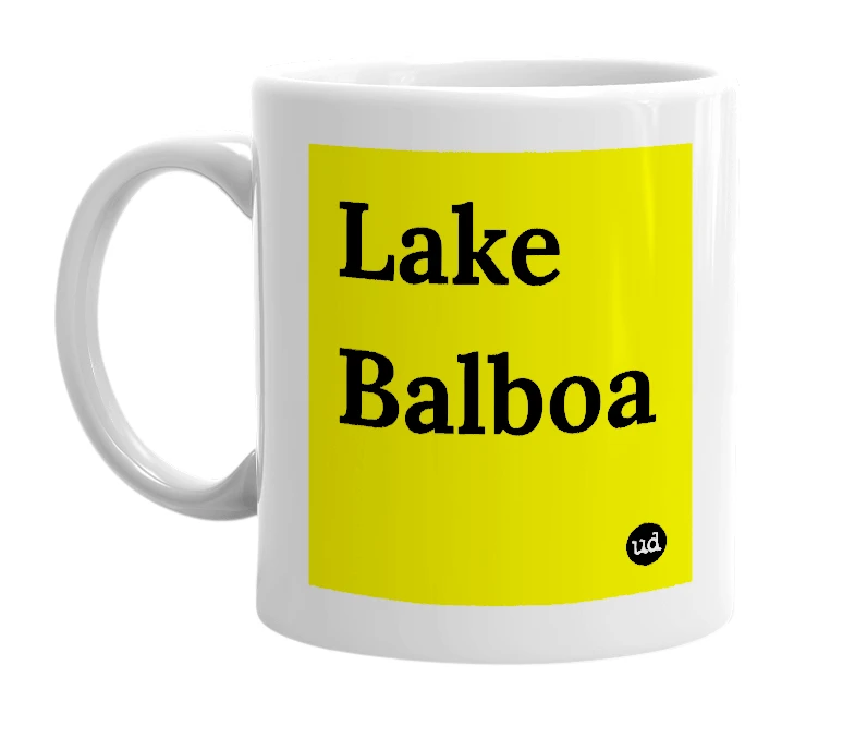 White mug with 'Lake Balboa' in bold black letters