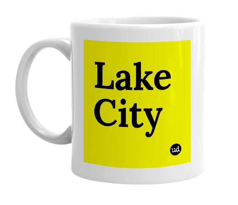 White mug with 'Lake City' in bold black letters