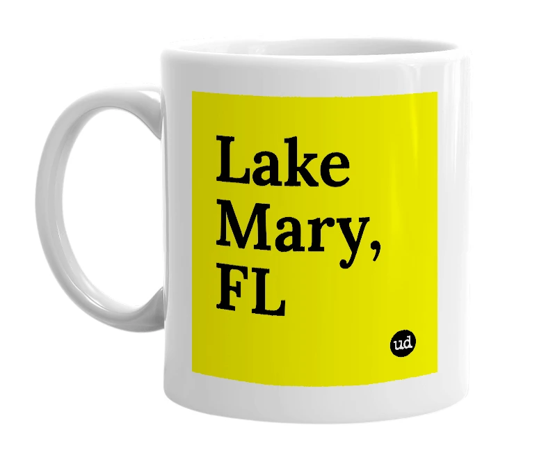 White mug with 'Lake Mary, FL' in bold black letters