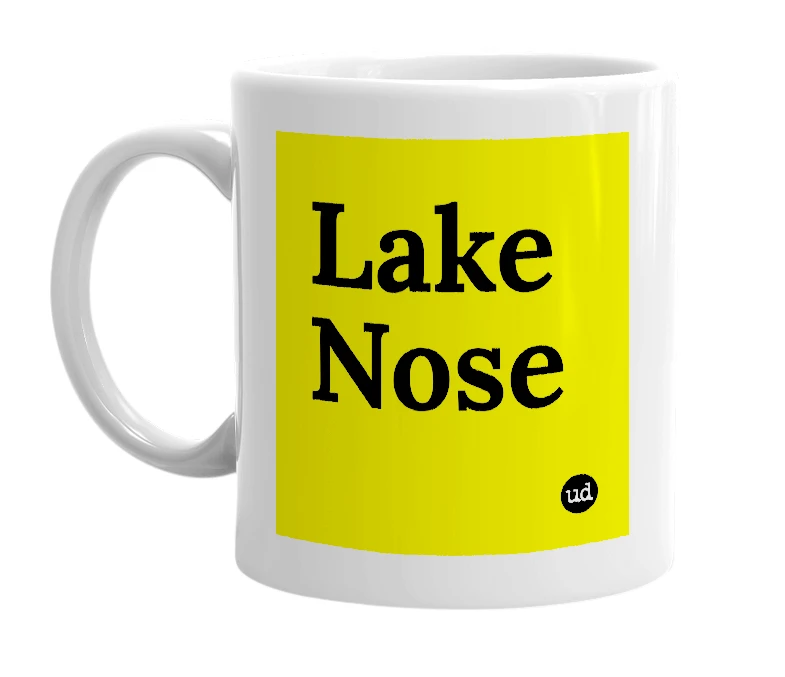 White mug with 'Lake Nose' in bold black letters