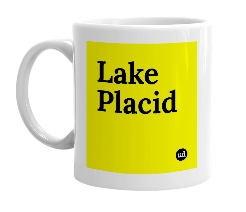 White mug with 'Lake Placid' in bold black letters