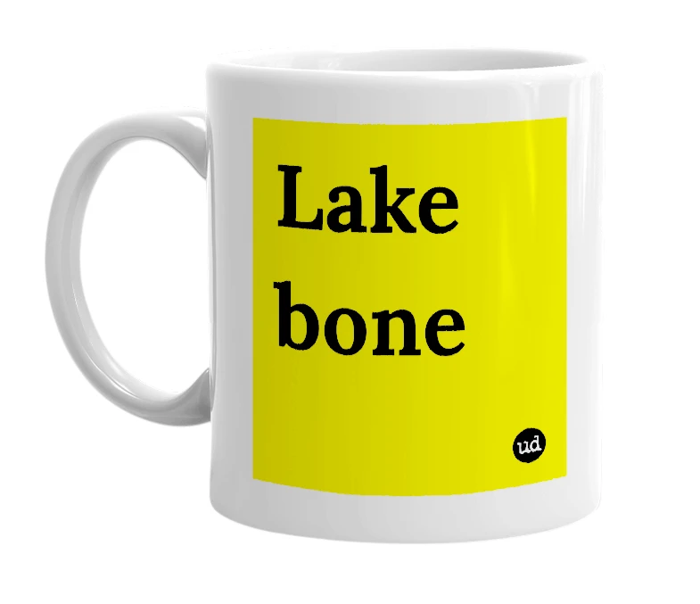 White mug with 'Lake bone' in bold black letters