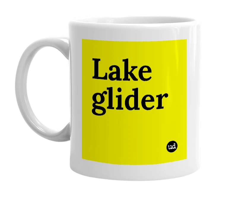 White mug with 'Lake glider' in bold black letters