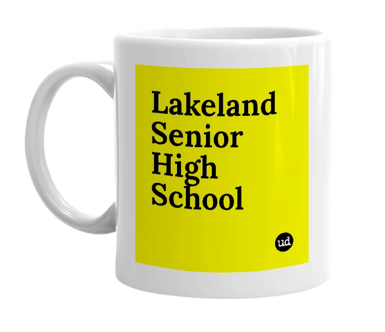 White mug with 'Lakeland Senior High School' in bold black letters