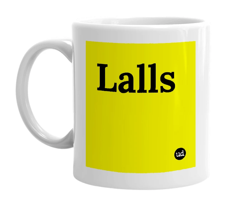 White mug with 'Lalls' in bold black letters