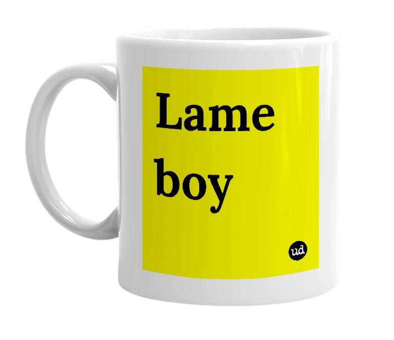 White mug with 'Lame boy' in bold black letters