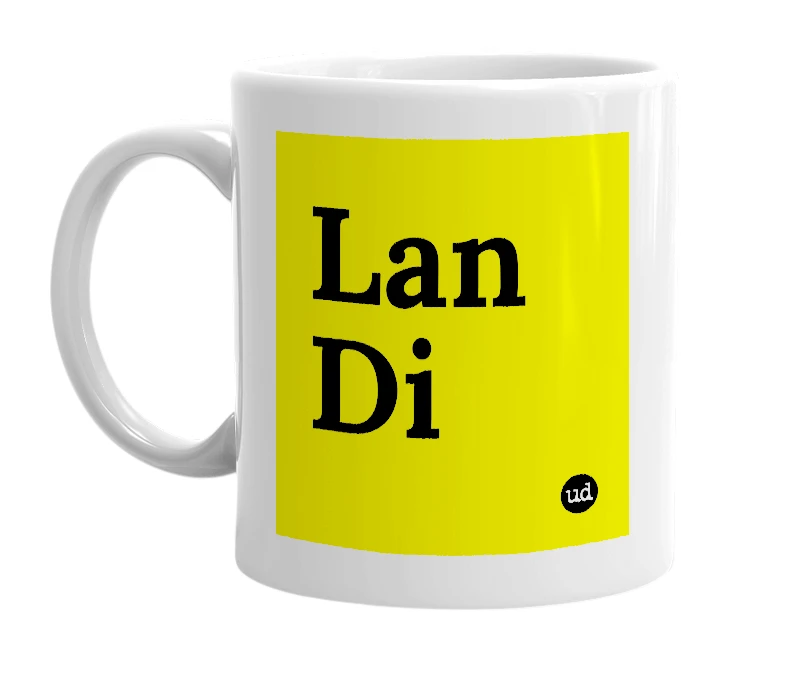 White mug with 'Lan Di' in bold black letters